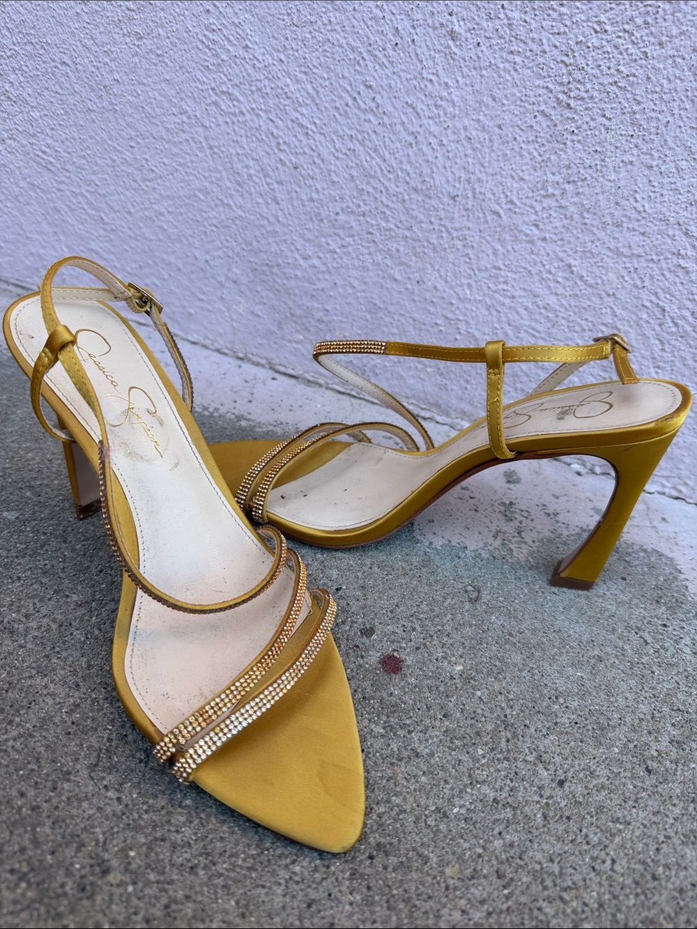 Jessica Simpson Mustard Yellow Crystal-Strap Slingback Heels